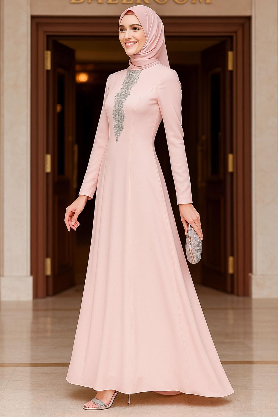 Tesettür giyim PUDRA TAŞ BONCUK DETAYLI ABİYE ELBİSE 5093 
