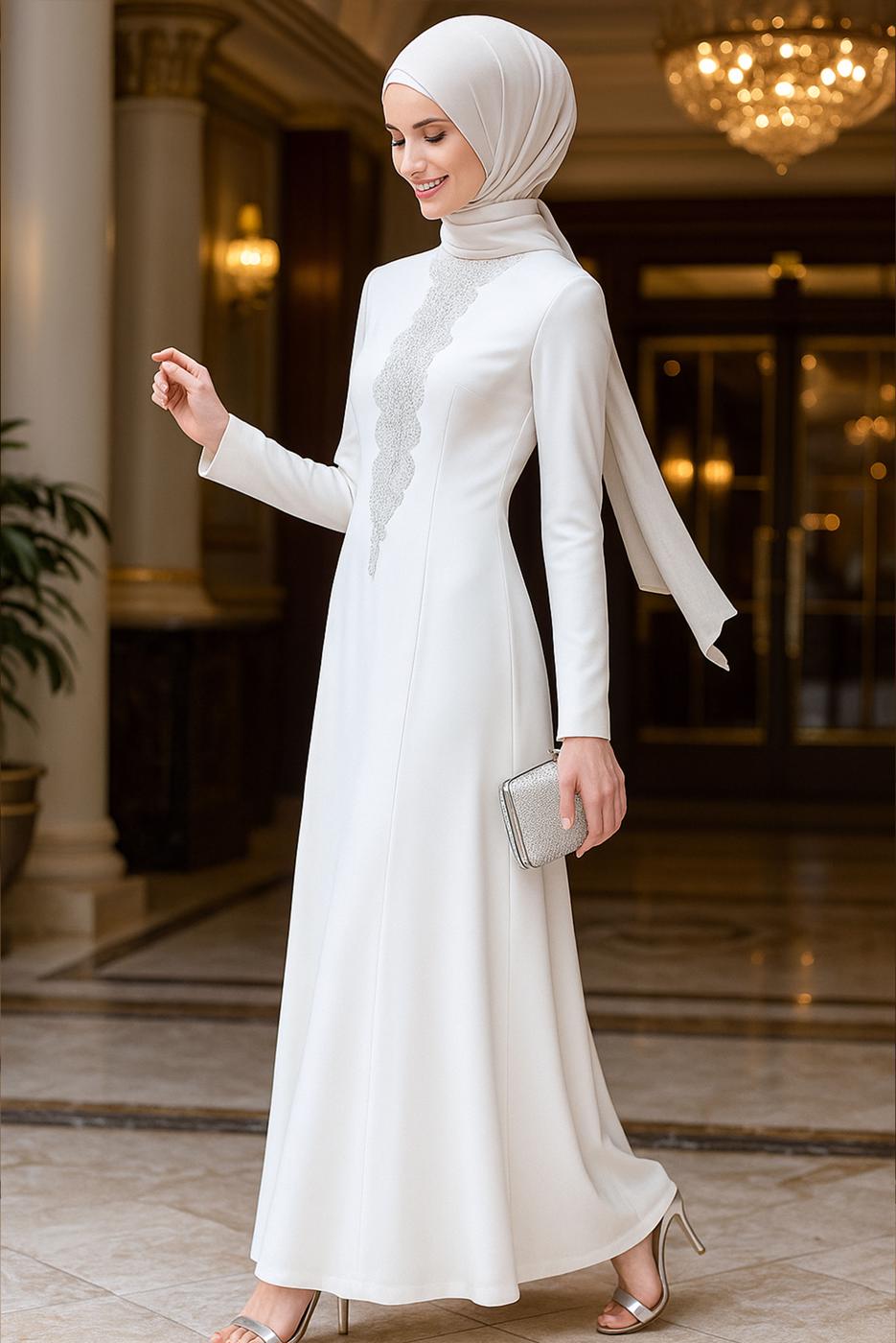 Tesettür giyim KREM TAŞ BONCUK DETAYLI ABİYE ELBİSE 5093 