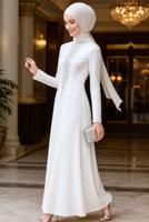 Tesettür giyim KREM TAŞ BONCUK DETAYLI ABİYE ELBİSE 5093 