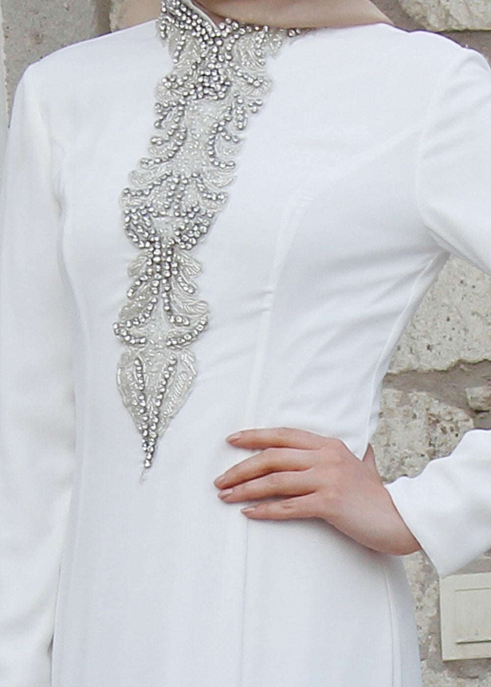 Tesettür giyim KREM TAŞ BONCUK DETAYLI ABİYE ELBİSE 5093 