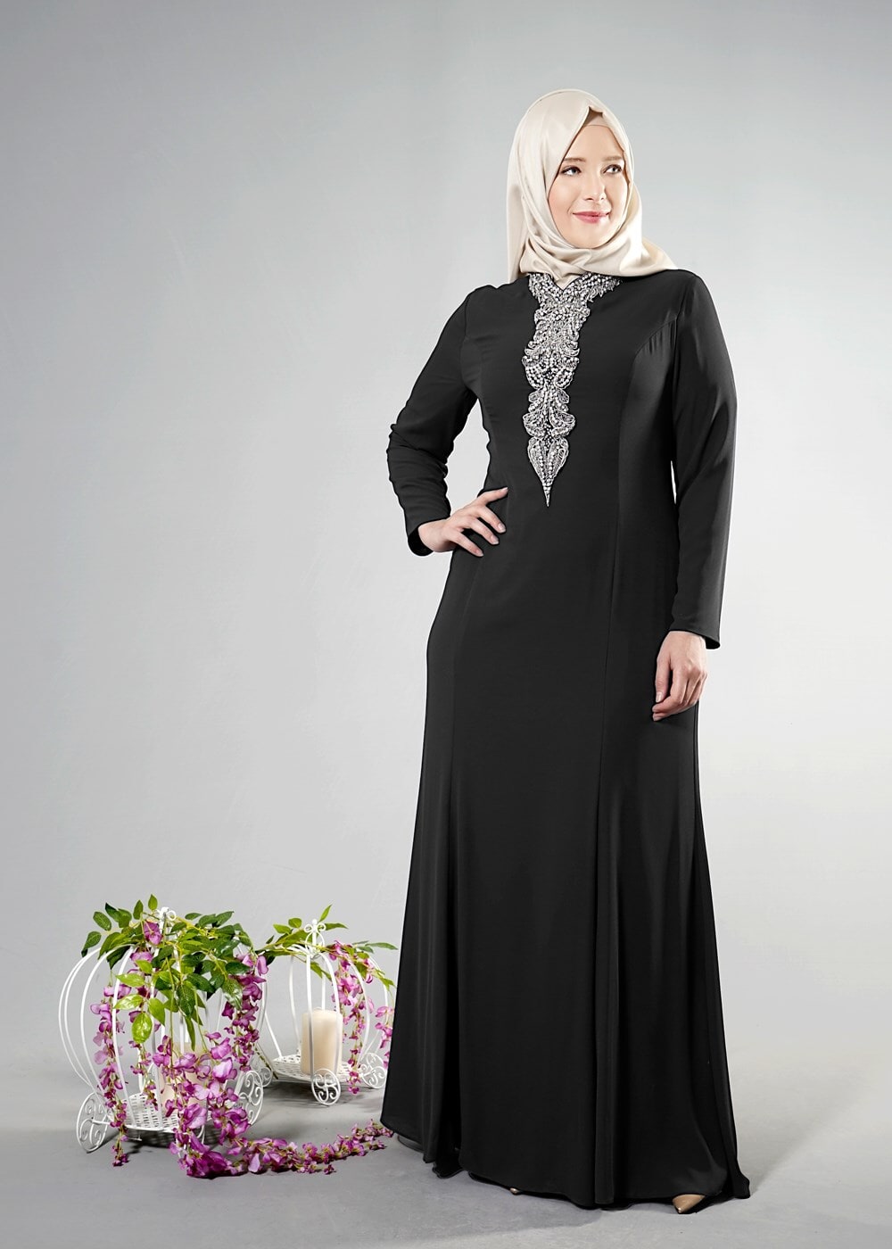 Tesettür giyim SİYAH ALVİNA TAŞ DETAYLI ABİYE ELBİSE T 5094