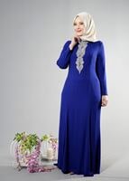 Tesettür giyim LACİVERT ALVİNA TAŞ DETAYLI ABİYE ELBİSE T 5094