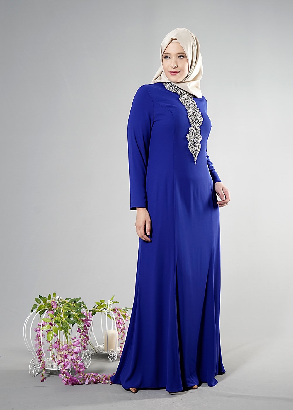 Tesettür giyim LACİVERT ALVİNA TAŞ DETAYLI ABİYE ELBİSE T 5094