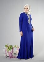 Tesettür giyim LACİVERT ALVİNA TAŞ DETAYLI ABİYE ELBİSE T 5094