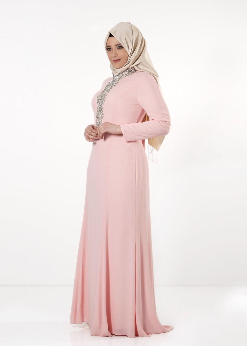 Tesettür giyim PUDRA ALVİNA TAŞ DETAYLI ABİYE ELBİSE T 5094