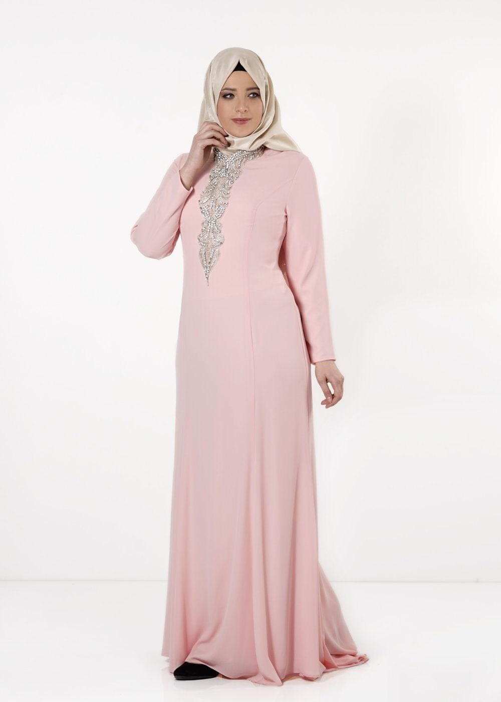Tesettür giyim PUDRA ALVİNA TAŞ DETAYLI ABİYE ELBİSE T 5094