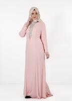 Tesettür giyim PUDRA ALVİNA TAŞ DETAYLI ABİYE ELBİSE T 5094