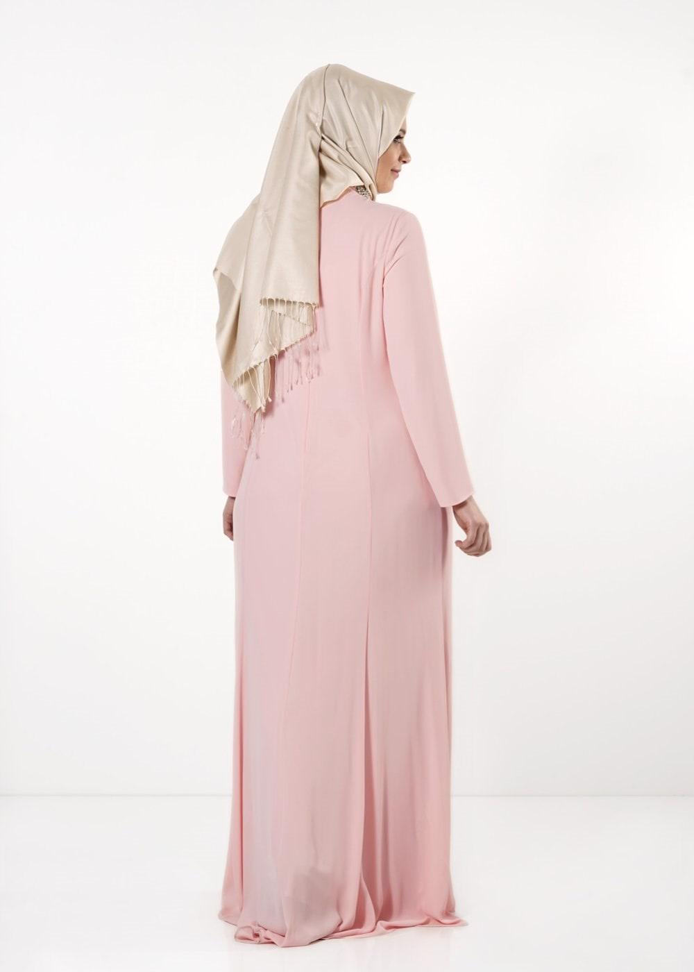 Tesettür giyim PUDRA ALVİNA TAŞ DETAYLI ABİYE ELBİSE T 5094