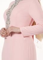 Tesettür giyim PUDRA ALVİNA TAŞ DETAYLI ABİYE ELBİSE T 5094