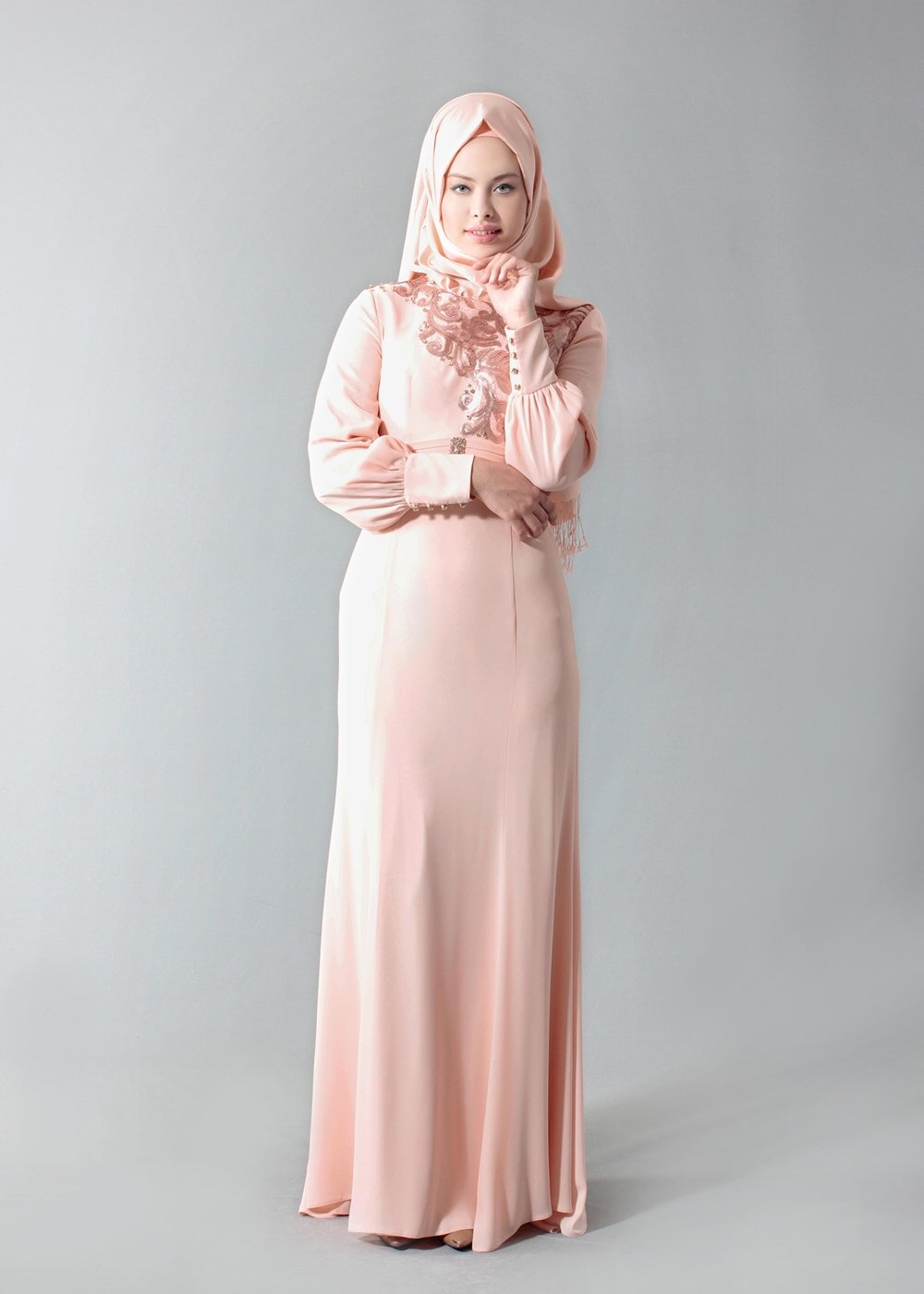 Tesettür giyim PUDRA GÜPÜR DETAYLI ABİYE ELBİSE 5096 