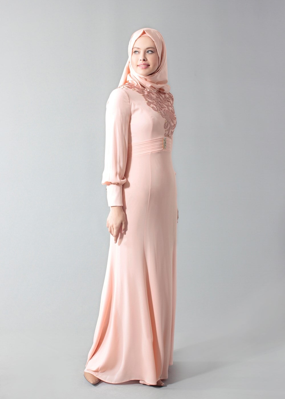 Tesettür giyim PUDRA GÜPÜR DETAYLI ABİYE ELBİSE 5096 