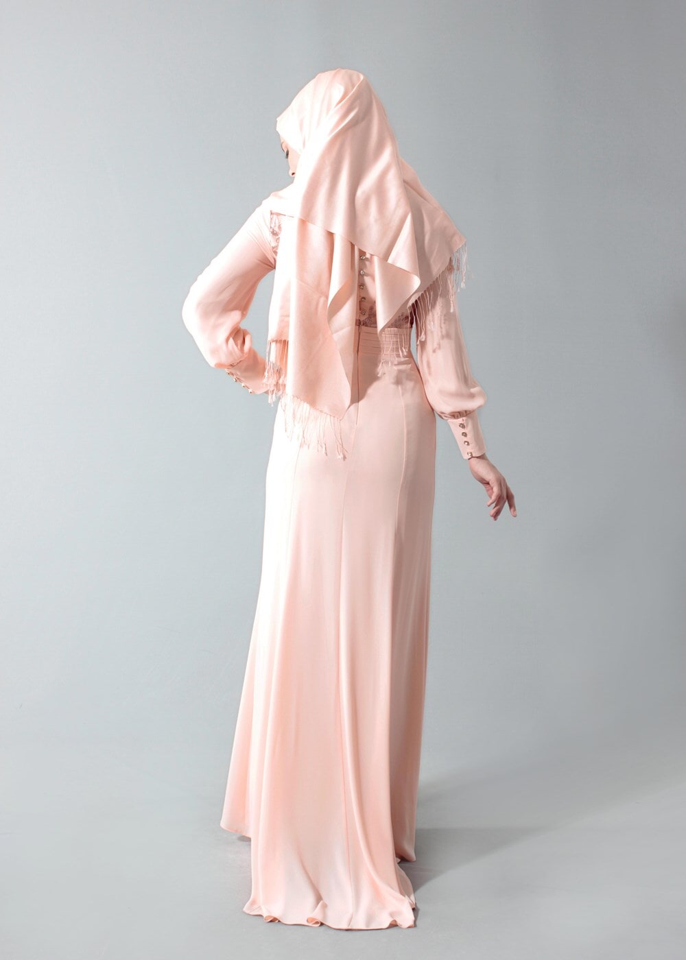 Tesettür giyim PUDRA GÜPÜR DETAYLI ABİYE ELBİSE 5096 