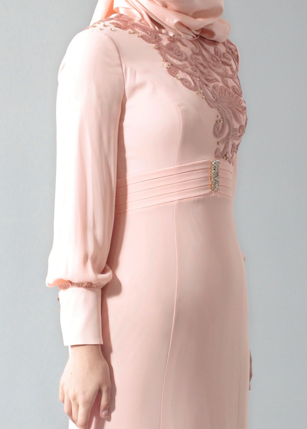 Tesettür giyim PUDRA GÜPÜR DETAYLI ABİYE ELBİSE 5096 