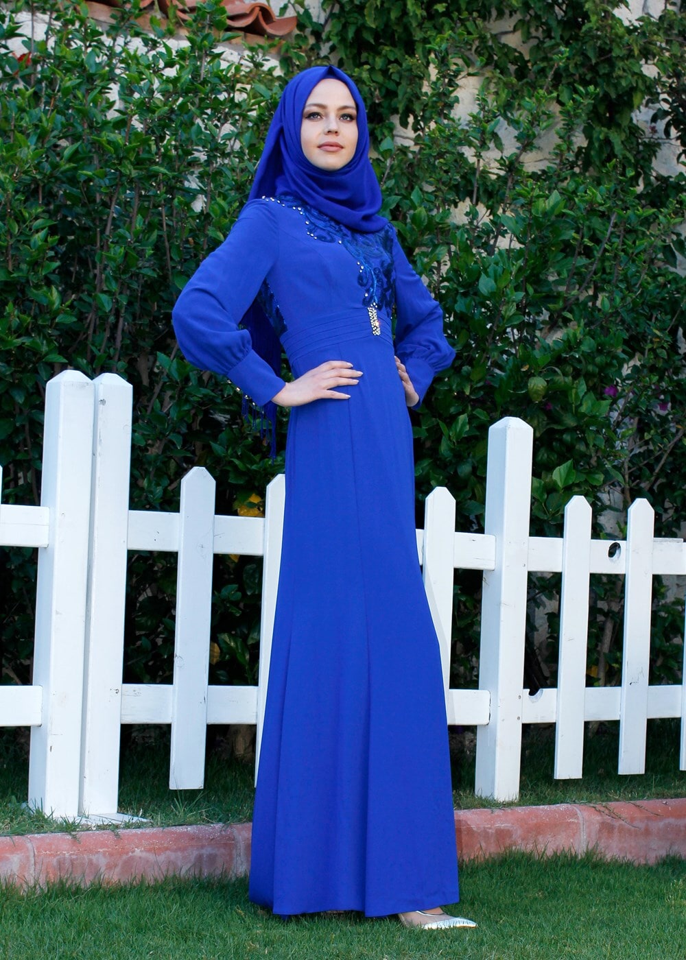Tesettür giyim LACİVERT GÜPÜR DETAYLI ABİYE ELBİSE 5096 