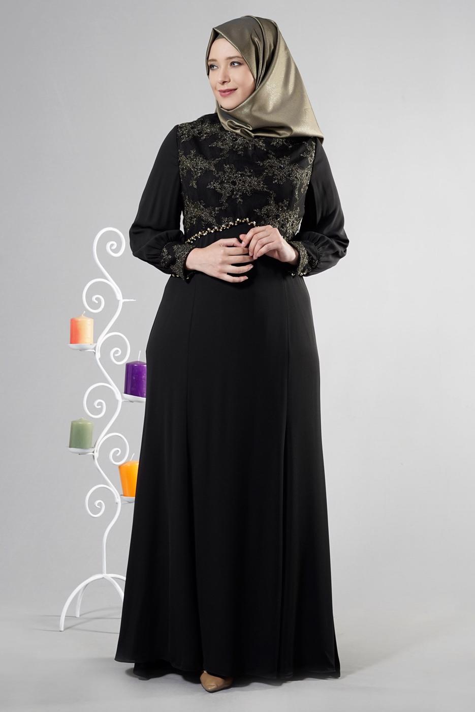 Tesettür giyim SİYAH ALVİNA TAŞ DETAYLI ABİYE ELBİSE T 5123