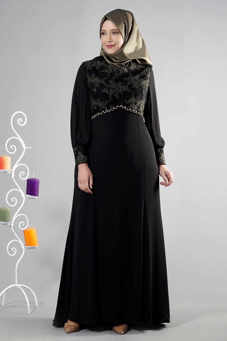 Tesettür giyim SİYAH ALVİNA TAŞ DETAYLI ABİYE ELBİSE T 5123