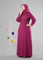 Tesettür giyim FUŞYA ALVİNA TAŞ DETAYLI ABİYE ELBİSE T 5123