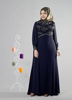 Tesettür giyim LACİVERT ALVİNA TAŞ DETAYLI ABİYE ELBİSE T 5123