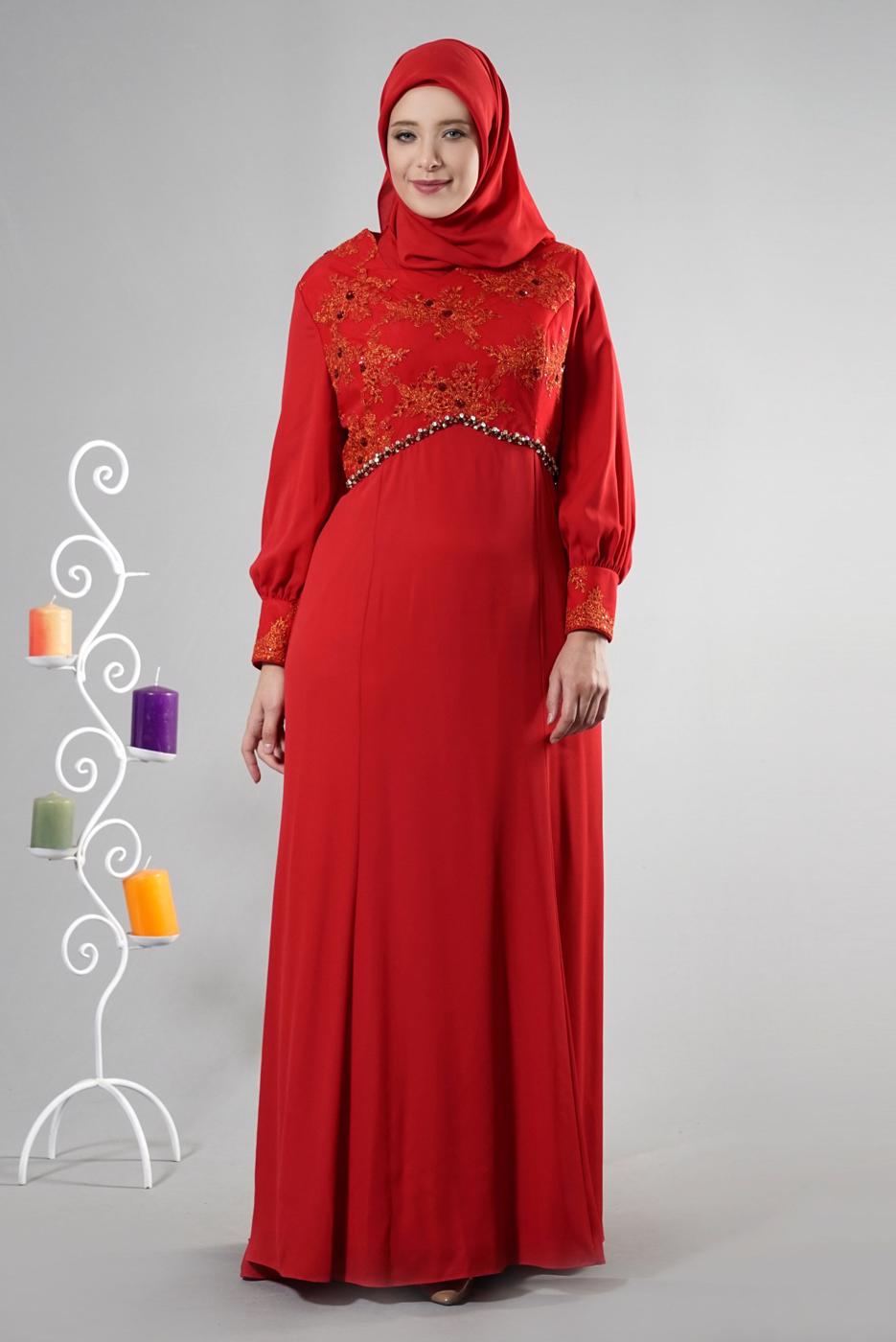 Tesettür giyim KIRMIZI ALVİNA TAŞ DETAYLI ABİYE ELBİSE T 5123