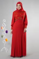 Tesettür giyim KIRMIZI ALVİNA TAŞ DETAYLI ABİYE ELBİSE T 5123