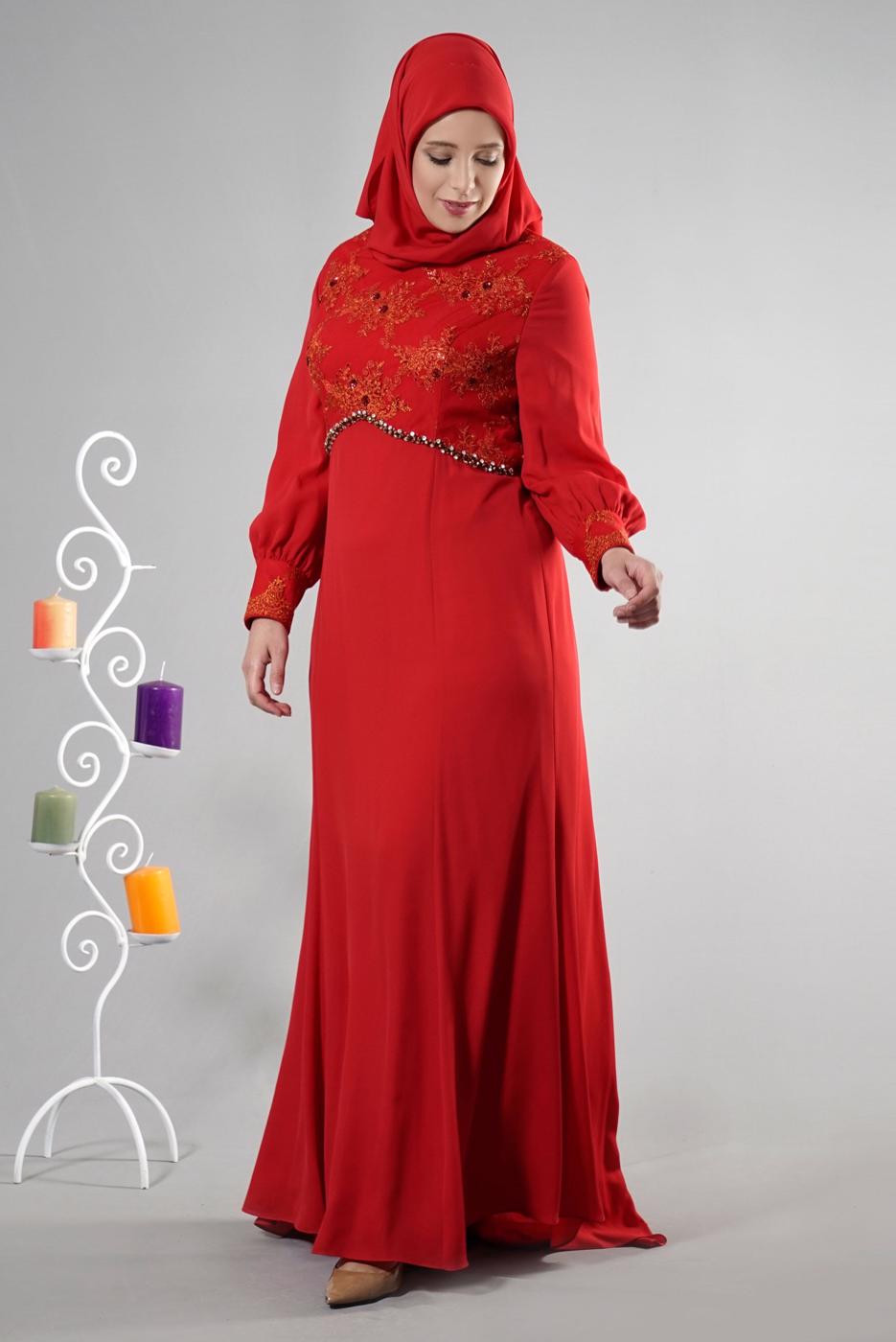 Tesettür giyim KIRMIZI ALVİNA TAŞ DETAYLI ABİYE ELBİSE T 5123