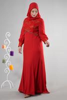 Tesettür giyim KIRMIZI ALVİNA TAŞ DETAYLI ABİYE ELBİSE T 5123