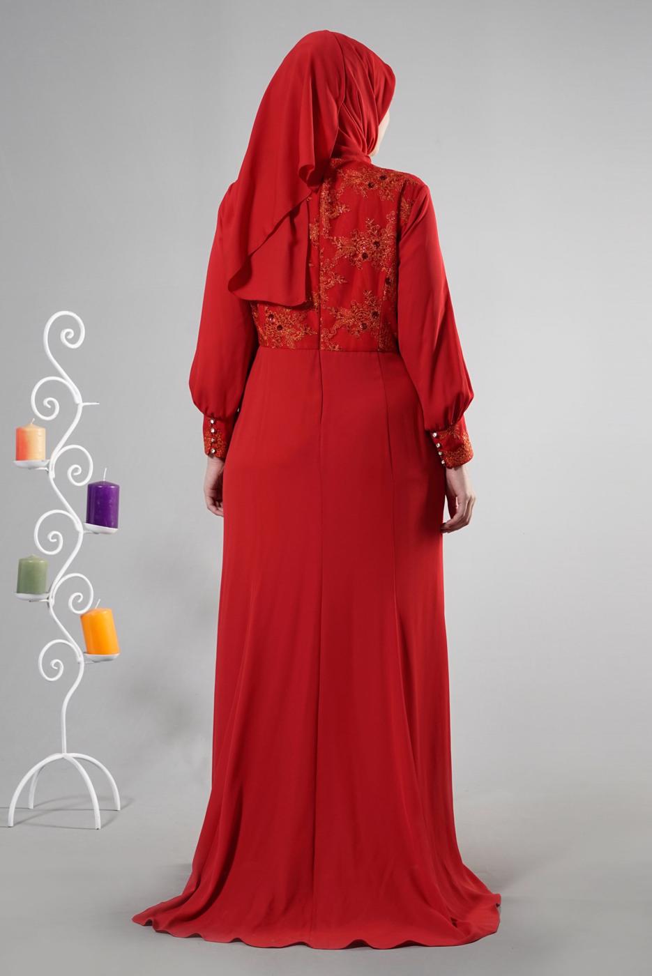 Tesettür giyim KIRMIZI ALVİNA TAŞ DETAYLI ABİYE ELBİSE T 5123