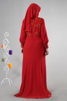 Tesettür giyim KIRMIZI ALVİNA TAŞ DETAYLI ABİYE ELBİSE T 5123