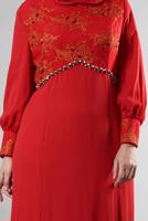 Tesettür giyim KIRMIZI ALVİNA TAŞ DETAYLI ABİYE ELBİSE T 5123