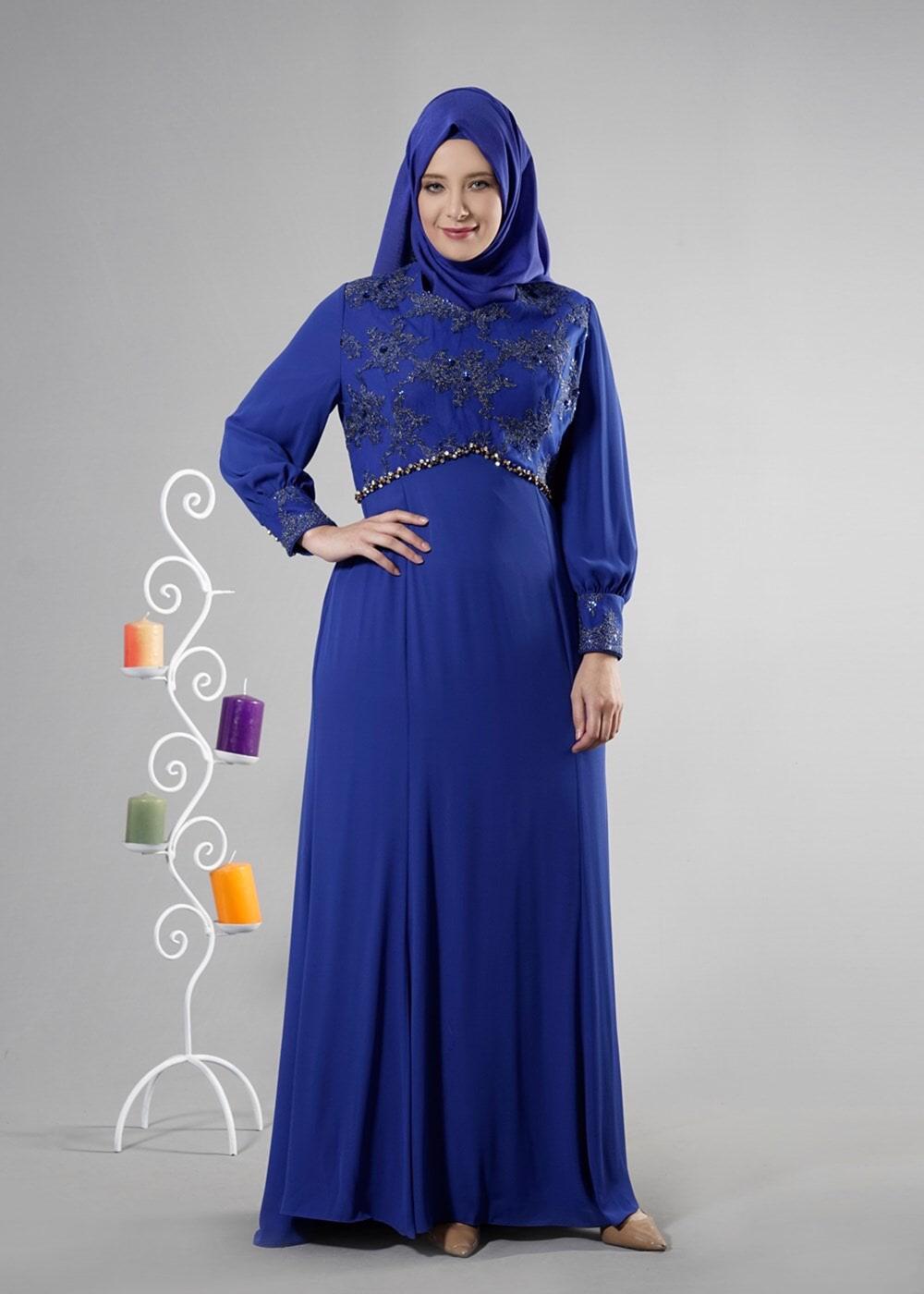 Tesettür giyim LACİVERT ALVİNA TAŞ DETAYLI ABİYE ELBİSE T 5123