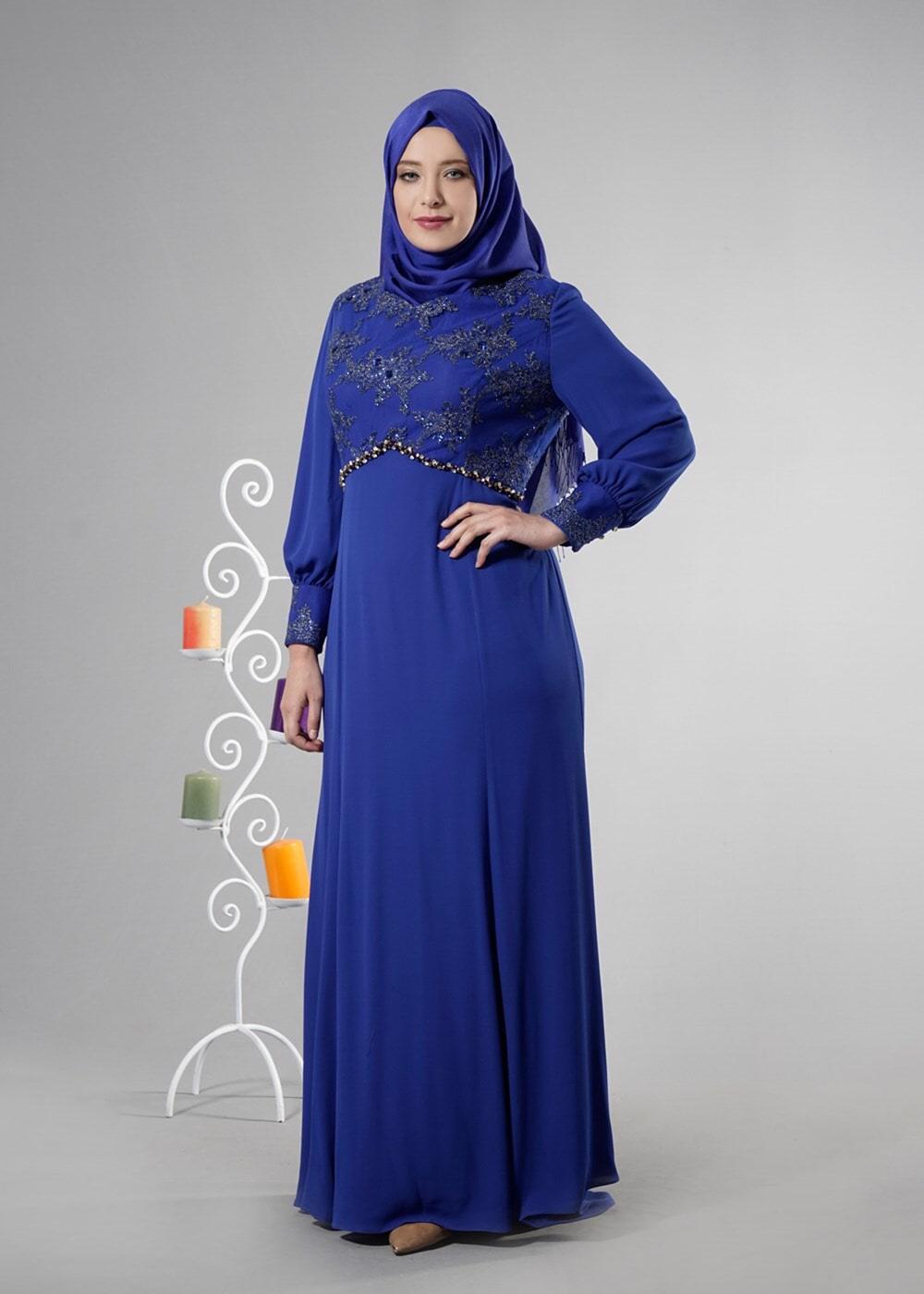 Tesettür giyim LACİVERT ALVİNA TAŞ DETAYLI ABİYE ELBİSE T 5123
