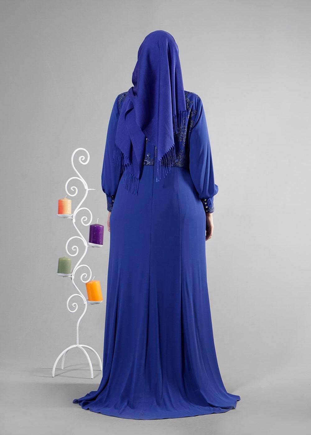 Tesettür giyim LACİVERT ALVİNA TAŞ DETAYLI ABİYE ELBİSE T 5123