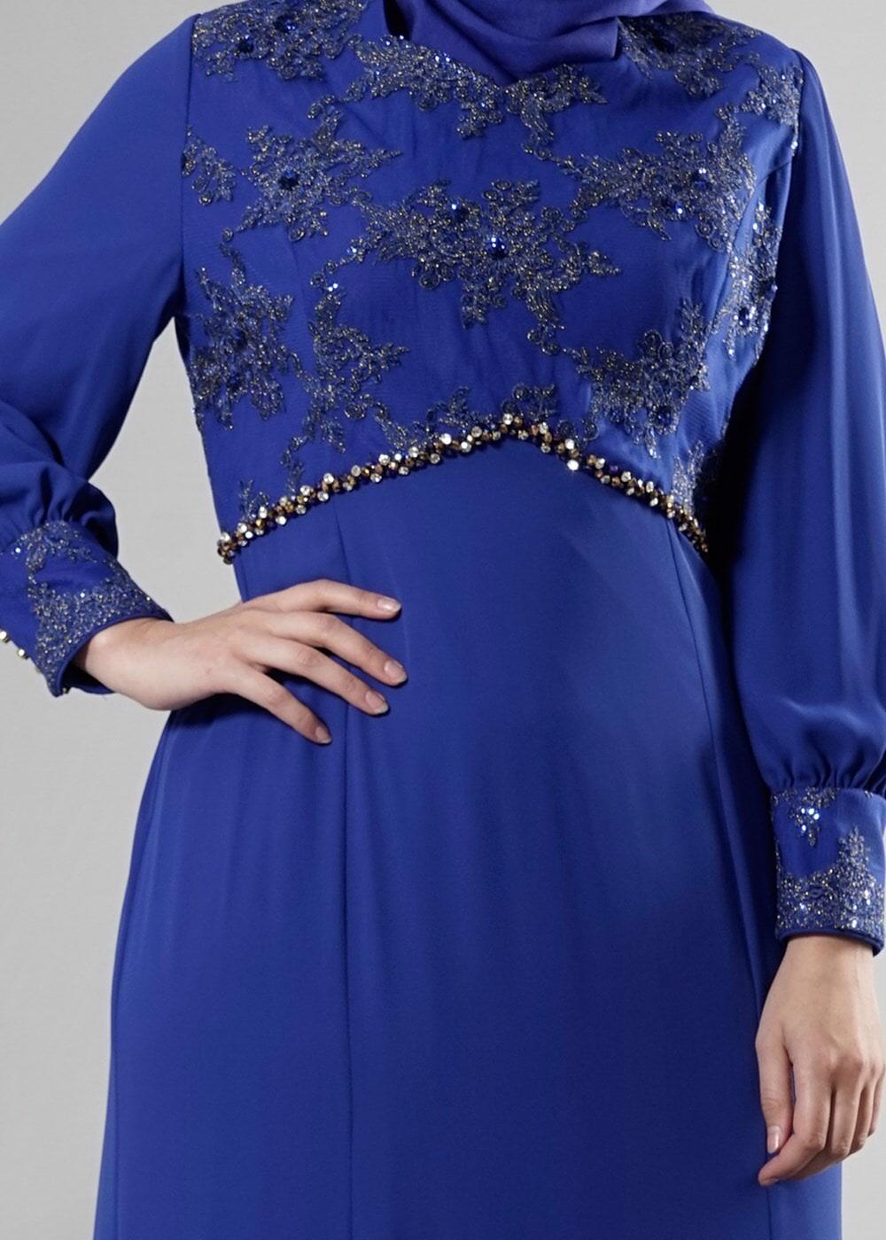 Tesettür giyim LACİVERT ALVİNA TAŞ DETAYLI ABİYE ELBİSE T 5123