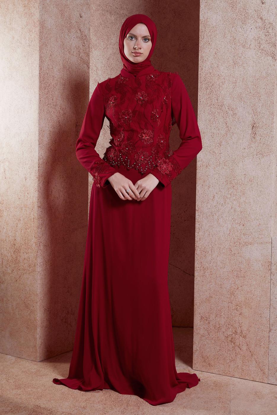 Tesettür giyim KIRMIZI ALVİNA ŞİFON ABİYE ELBİSE T 5127