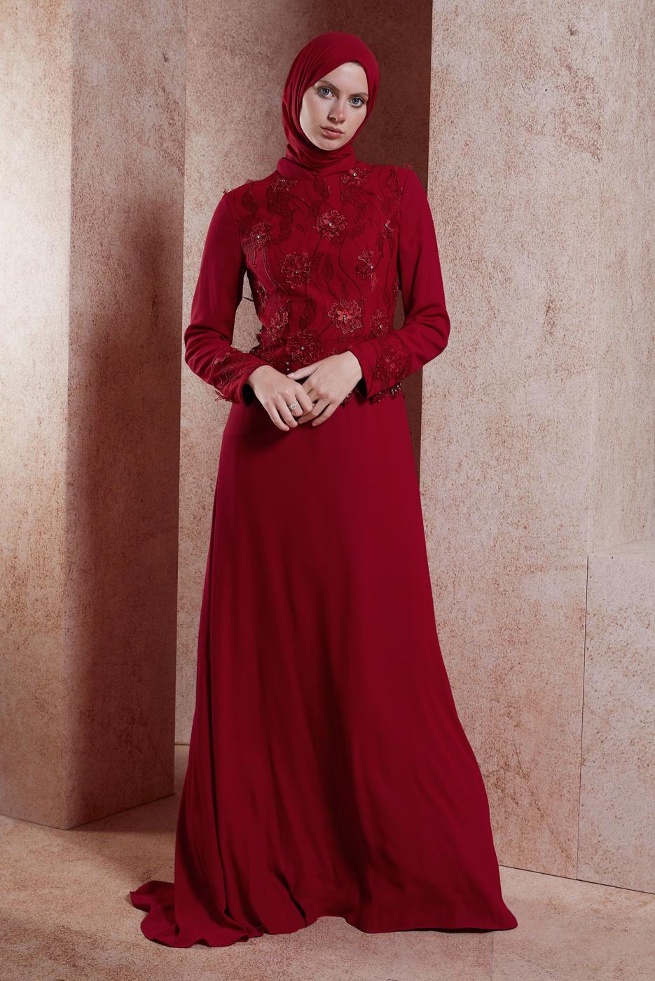 Tesettür giyim KIRMIZI ALVİNA ŞİFON ABİYE ELBİSE T 5127