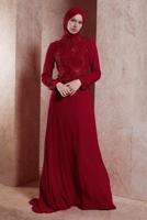 Tesettür giyim KIRMIZI ALVİNA ŞİFON ABİYE ELBİSE T 5127