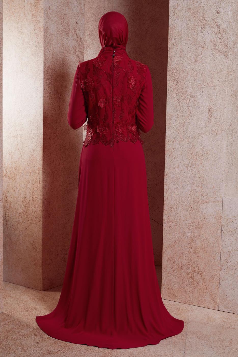 Tesettür giyim KIRMIZI ALVİNA ŞİFON ABİYE ELBİSE T 5127