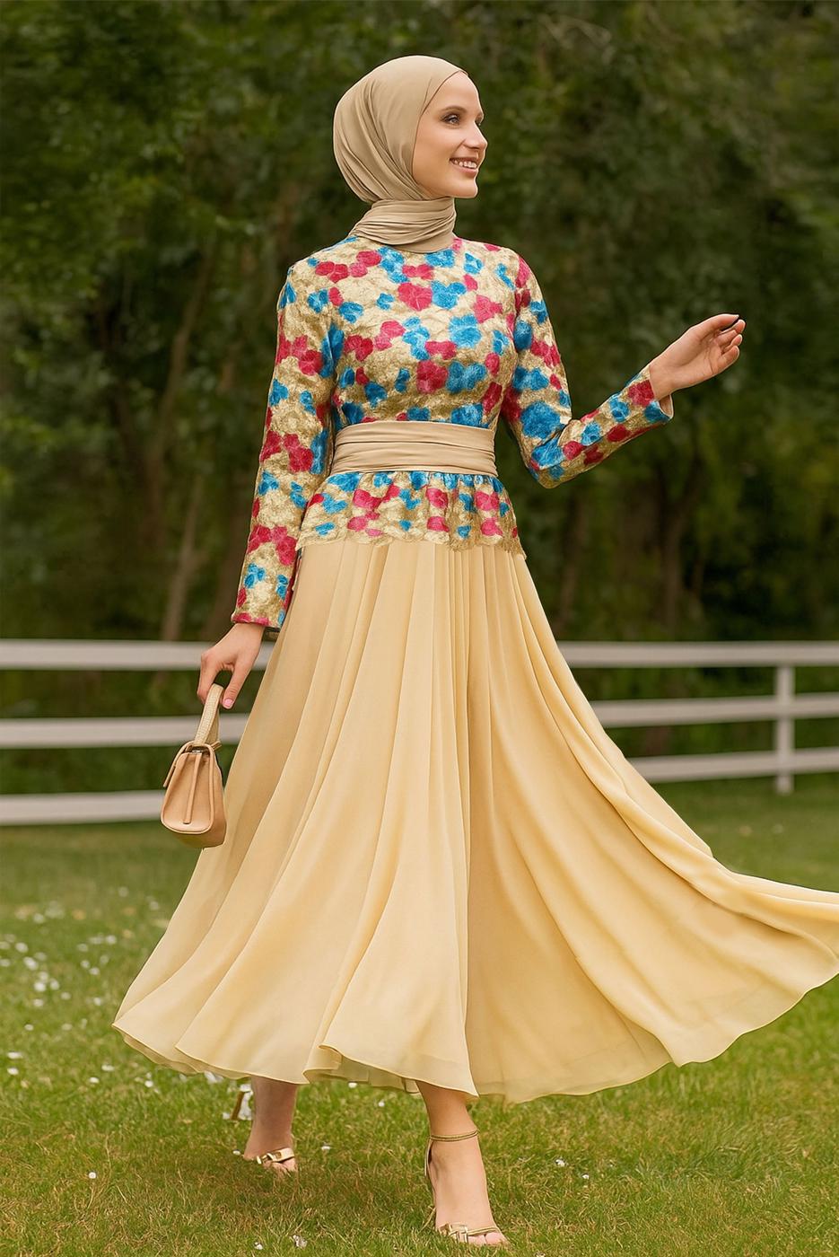 Tesettür giyim FUŞYA ALVİNA ÇİÇEK DESENLİ ABİYE ELBİSE T 5153