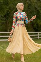 Tesettür giyim FUŞYA ALVİNA ÇİÇEK DESENLİ ABİYE ELBİSE T 5153