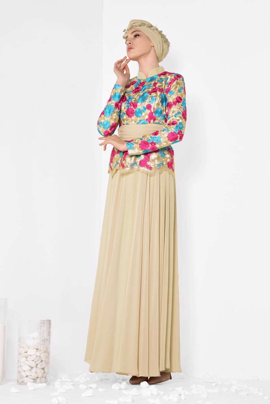 Tesettür giyim FUŞYA ALVİNA ÇİÇEK DESENLİ ABİYE ELBİSE T 5153