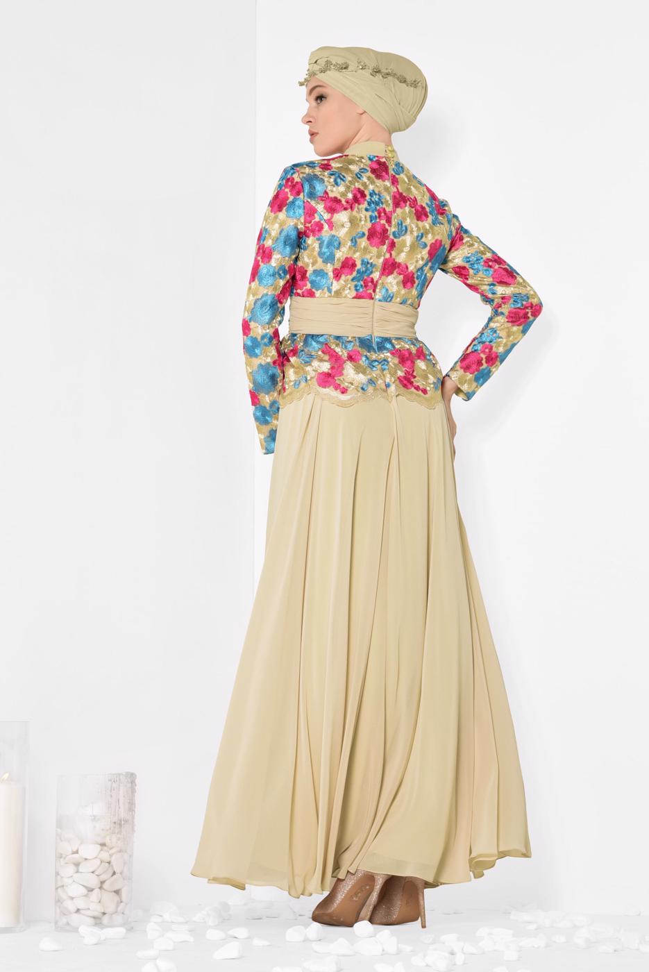 Tesettür giyim FUŞYA ALVİNA ÇİÇEK DESENLİ ABİYE ELBİSE T 5153