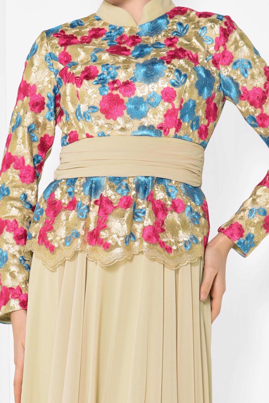 Tesettür giyim FUŞYA ALVİNA ÇİÇEK DESENLİ ABİYE ELBİSE T 5153