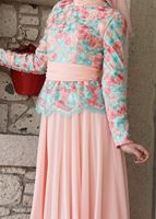 Tesettür giyim YEŞİL ALVİNA ÇİÇEK DESENLİ ABİYE ELBİSE T 5153