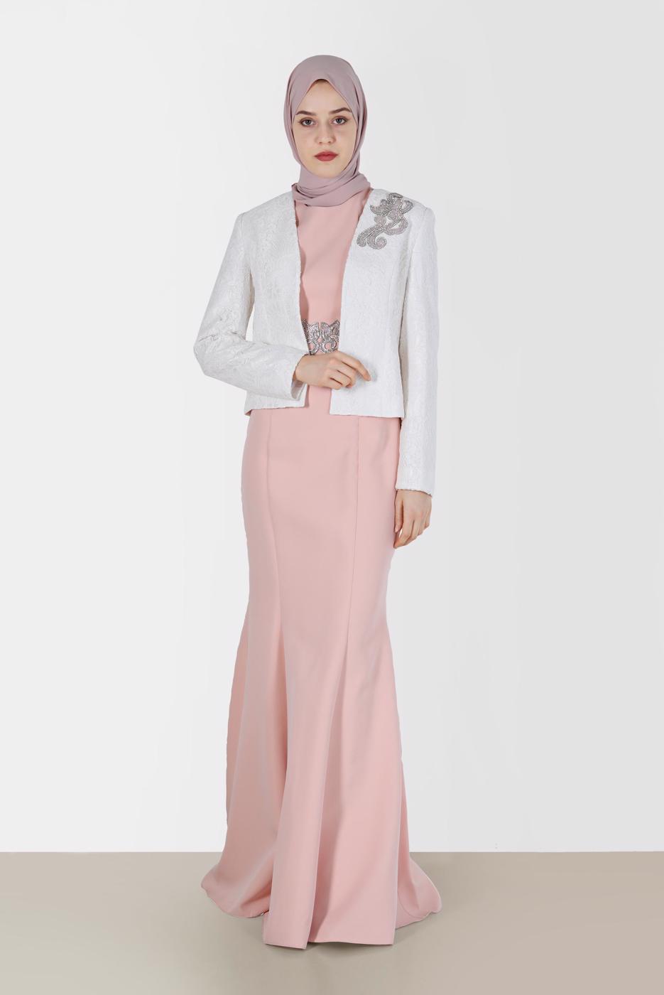 Tesettür giyim PUDRA ALVİNA İKİLİ ABİYE ELBİSE T 5208