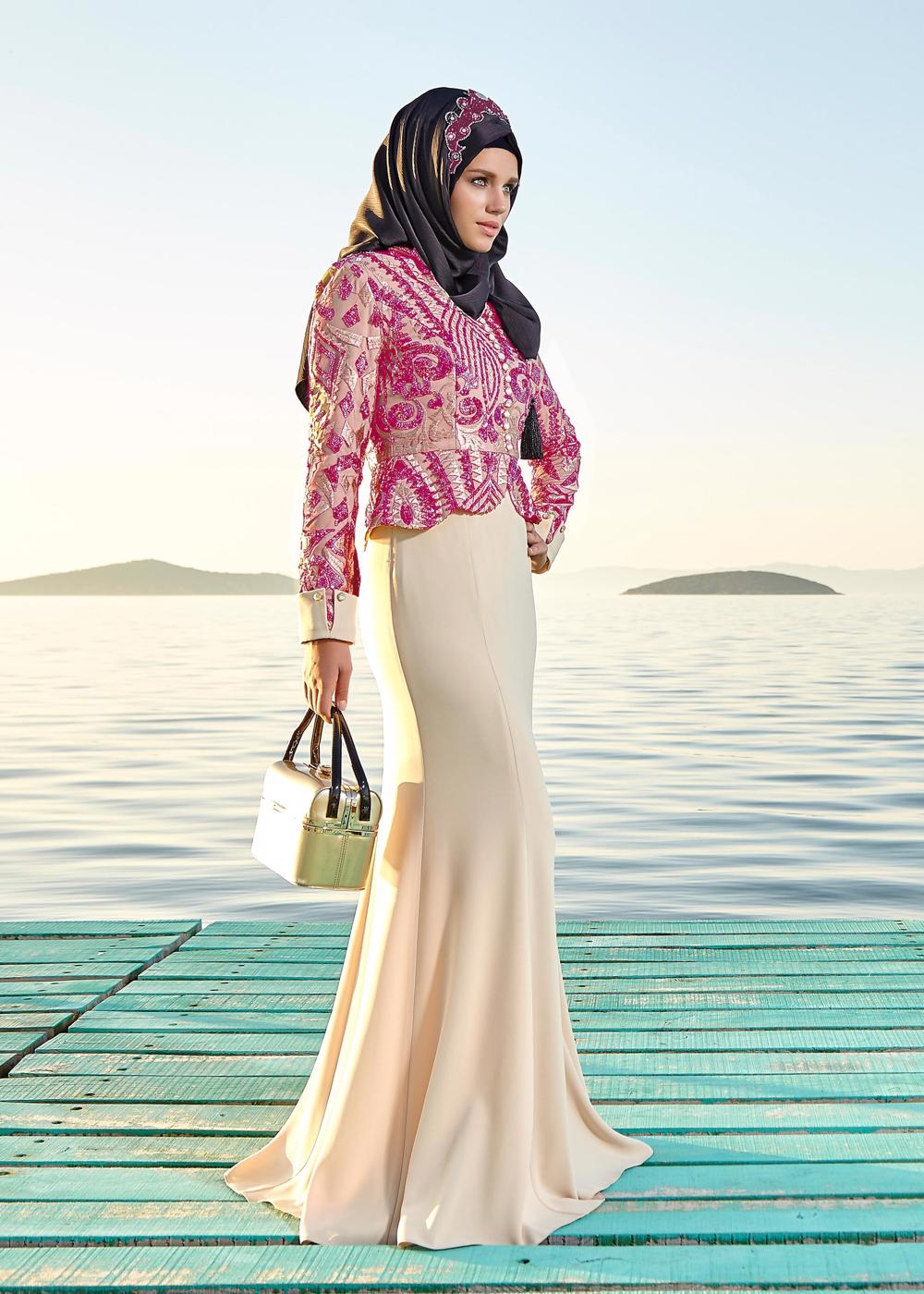 Tesettür giyim FUŞYA ALVİNA İŞLEMELİ ABİYE ELBİSE T 5217