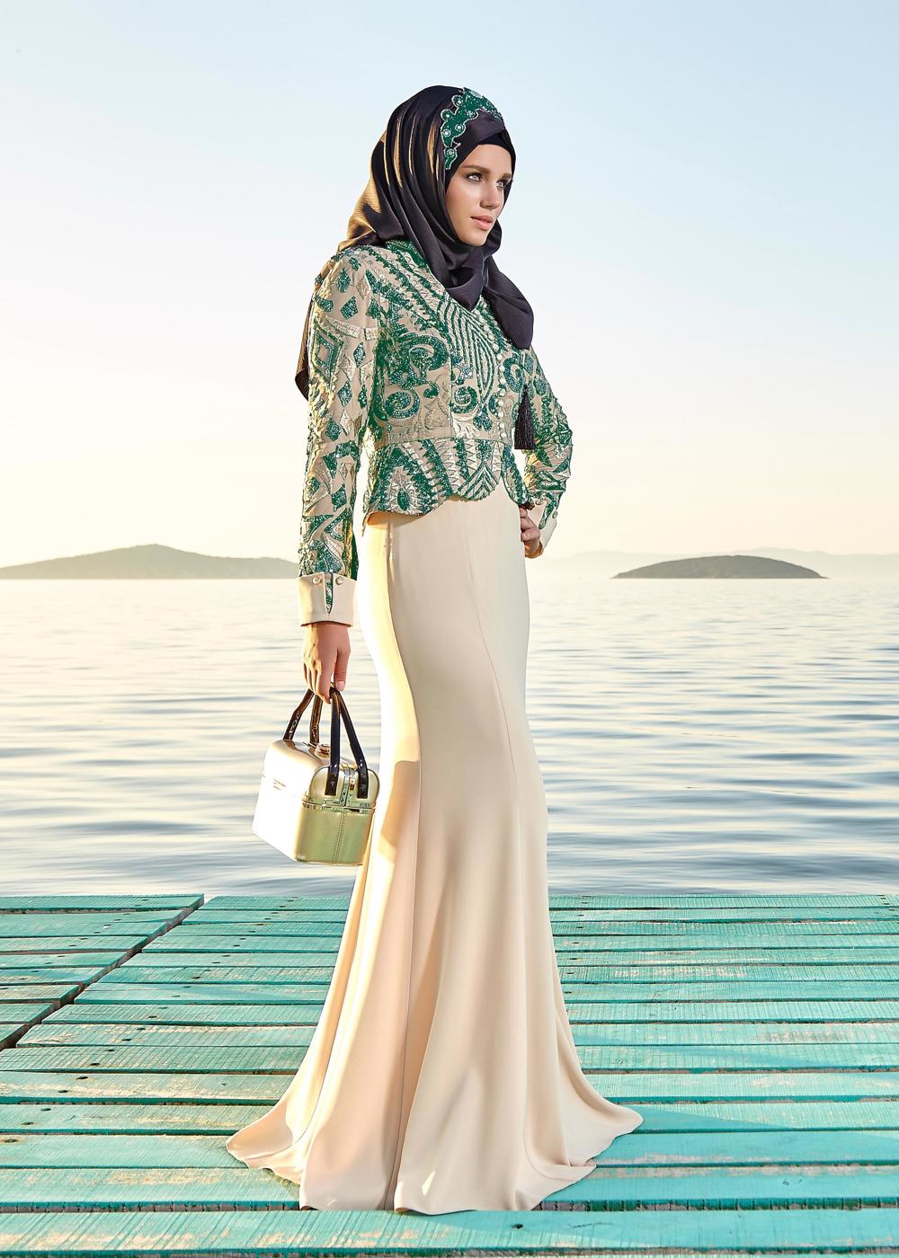 Tesettür giyim YEŞİL ALVİNA İŞLEMELİ ABİYE ELBİSE T 5217