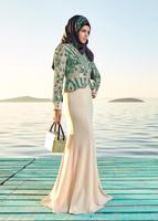 Tesettür giyim YEŞİL ALVİNA İŞLEMELİ ABİYE ELBİSE T 5217