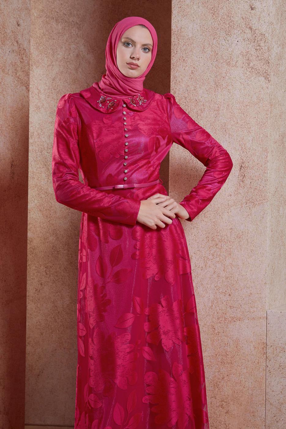 Tesettür giyim FUŞYA ALVİNA ÇİÇEK DESENLİ ABİYE ELBİSE T 5259