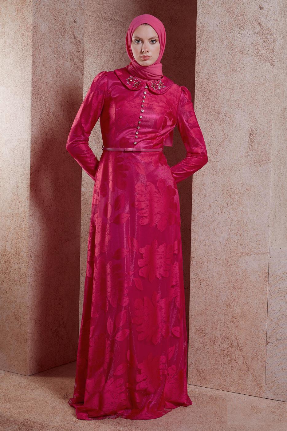 Tesettür giyim FUŞYA ALVİNA ÇİÇEK DESENLİ ABİYE ELBİSE T 5259