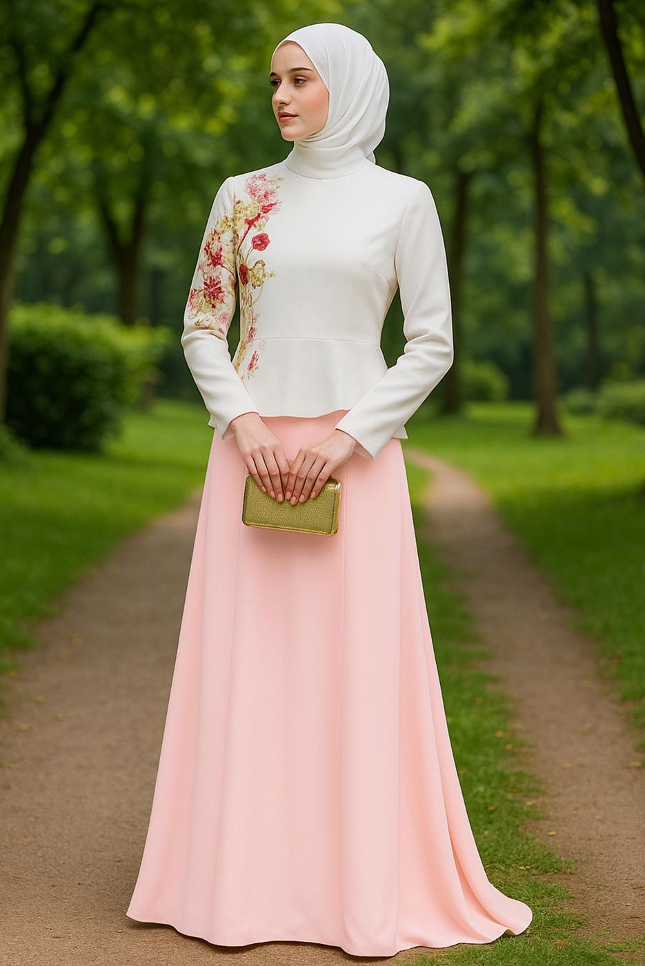 Tesettür giyim PUDRA ALVİNA NAKIŞLI ABİYE ELBİSE T 5136